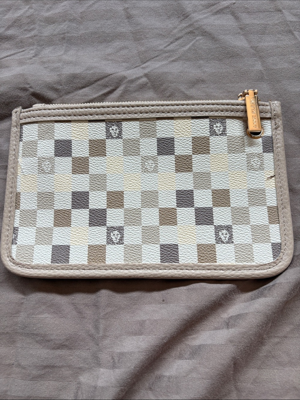 Anne Klein Beige and White Checker Wristlet Pouch with Gold Zip